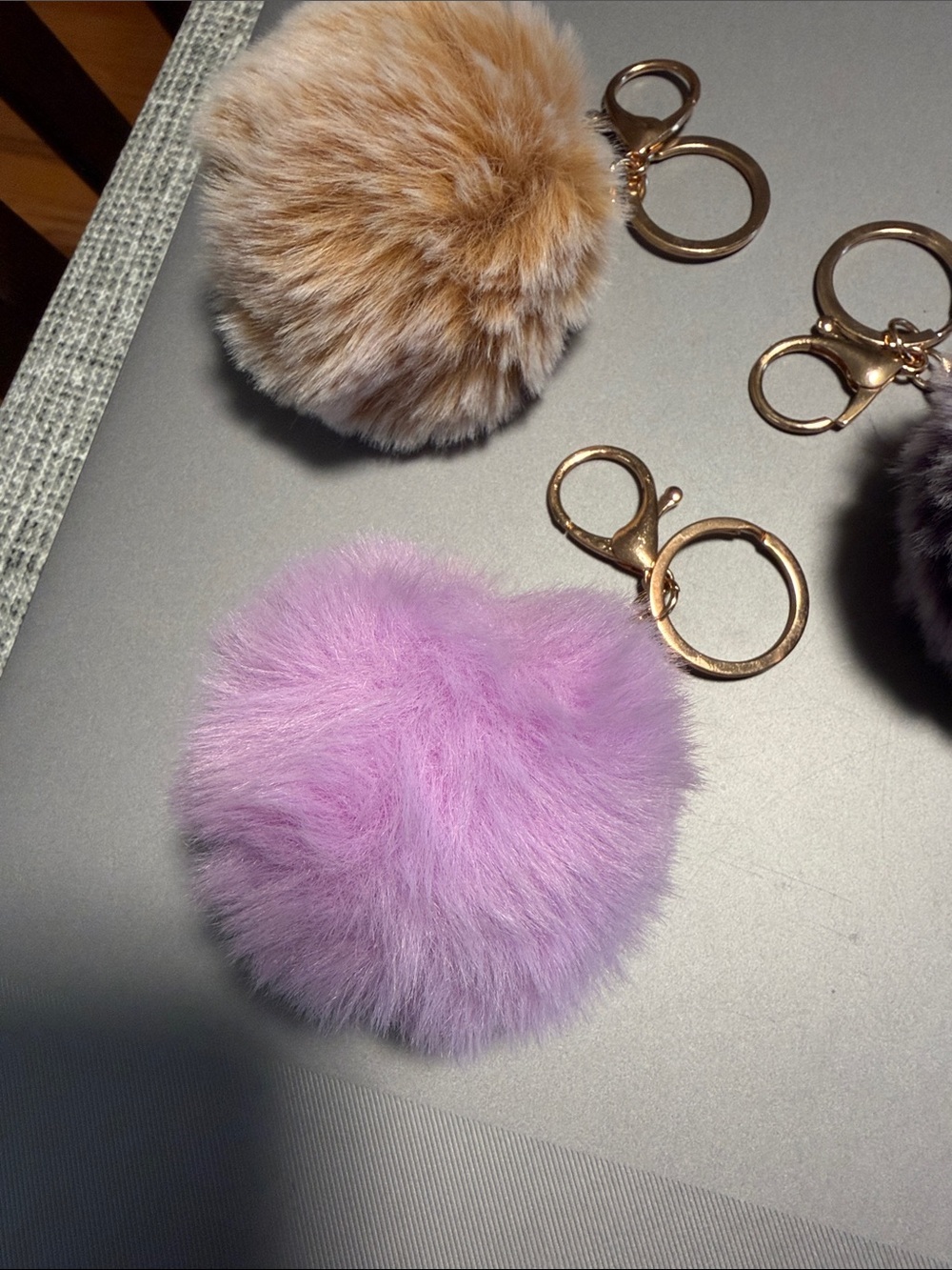 Faux Fur Pom Pom Keychains - Lavender, Gray, Camel with Gold Hardware - Picture 4 of 6